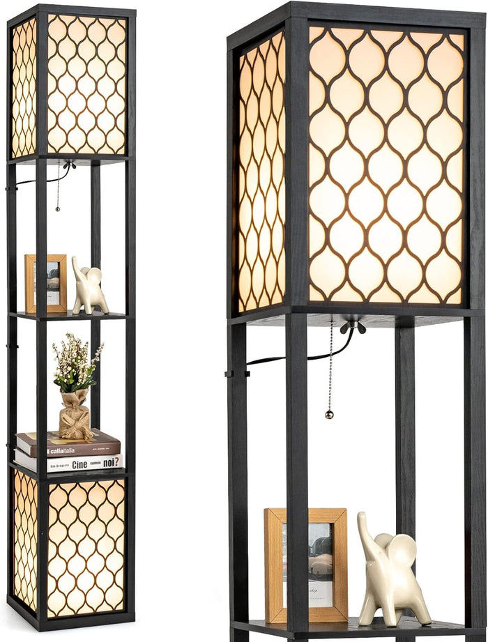 Lampada da Terra Design e Vintage, Lampada a Stelo da Terra con 2 Ripiani, Ideale per Camera da Letto, Soggiorno e Ufficio, 26 x 26 x 156 cm, Nero