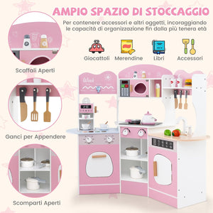 Cucina Giocattolo Angolare con Fornelli e Micronde da Suoni e Luci, Cucina per Bambini in Legno con Macchina Caffè, Lavandelo, Forno e Lavatrice, Set Cucina con Accessori (Rosa)