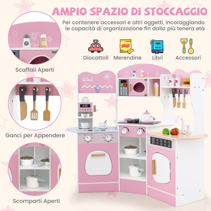 Cucina Giocattolo Angolare con Fornelli e Micronde da Suoni e Luci, Cucina per Bambini in Legno con Macchina Caffè, Lavandelo, Forno e Lavatrice, Set Cucina con Accessori (Rosa)