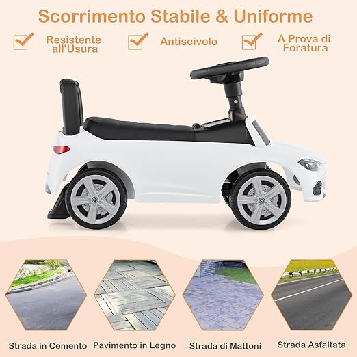 Mercedes Benz Macchinina Cavalcabile a Spinta per Bambini, Auto da Gioco con Volante Clacson e Suono, Spazio di Archiviazione, Auto a Spinta per bambini 1-3 Anni (Bianco)