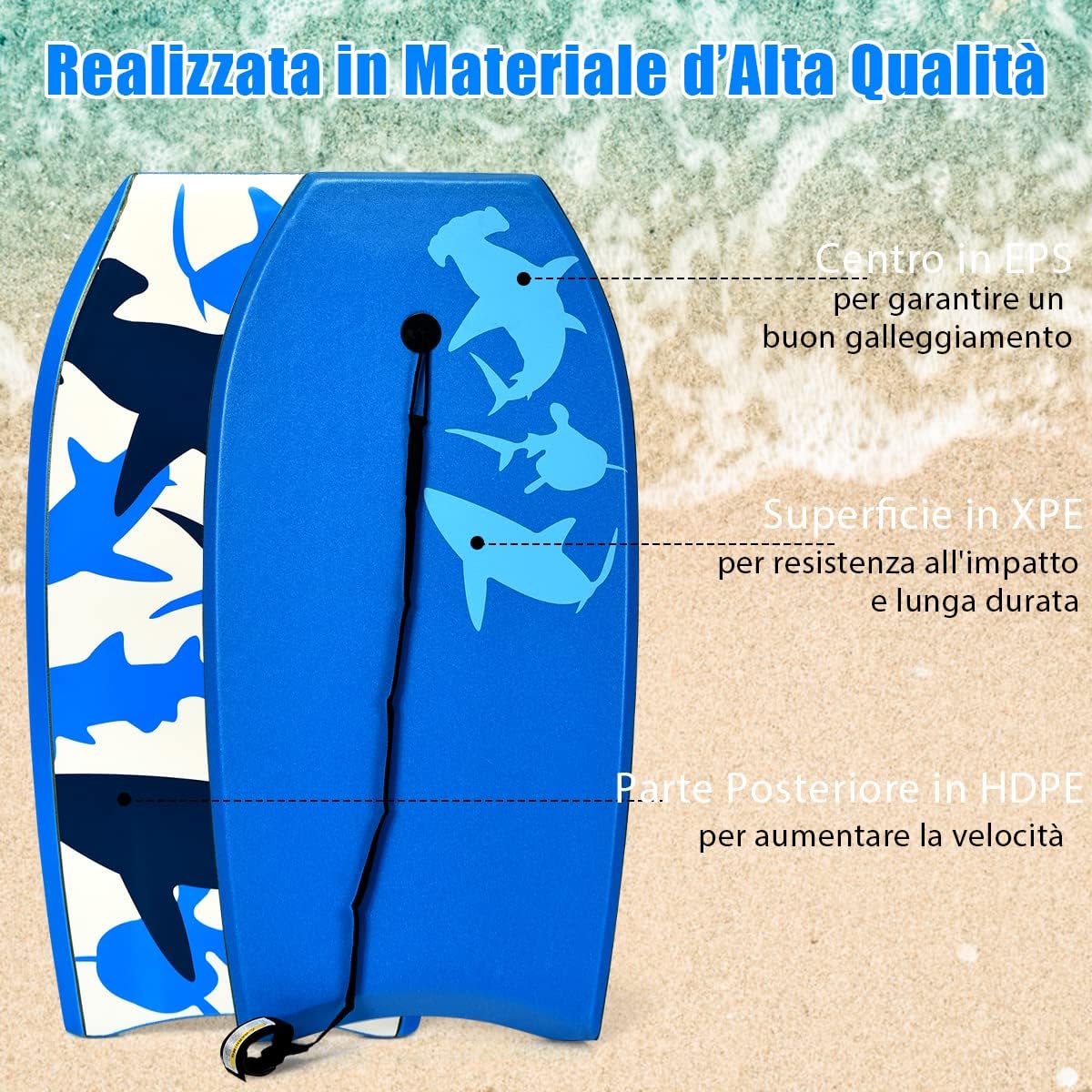Tavola da Surf in XPE, EPS e HDPE, Tavola Surf Bambini e Adulti, Tavoletta Mare con Leash per Polso, Portata 85 kg, Disponibile in Vari Colori, 104 x 51 x 6 cm (Pesci)