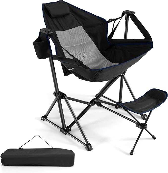 Sedia da Campeggio, Sedia Pieghevole per Esterni con Schienale e Poggiapiedi Regolabili, Poggiatesta, Porta Bicchiere e Borsa da Trasporto per Spiaggia, Giardino, Pesca, Supporta 150 kg (Nero)