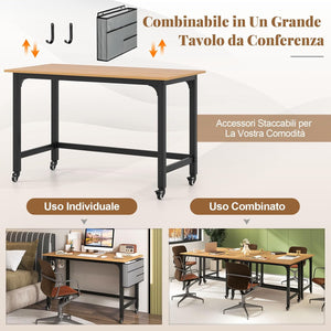 Scrivania per Ufficio e Casa, Scriviania con Ampio Piano e 4 Ruote Bloccabili, Scriviania per Computer di Metallo e Legno, 120 x 60 x 75 cm (Naturale)