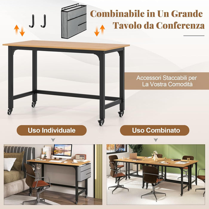 Scrivania per Ufficio e Casa, Scriviania con Ampio Piano e 4 Ruote Bloccabili, Scriviania per Computer di Metallo e Legno, 120 x 60 x 75 cm (Naturale)