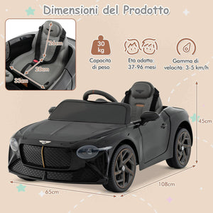 Bentley 12V Macchina Elettrica per Bambini, Auto Elettrica con Telecomando Luci a LED, Velocità Regolabile 3-5 km/h, Veicolo Elettrico per Bambini 37-96 Mesi (Nero)