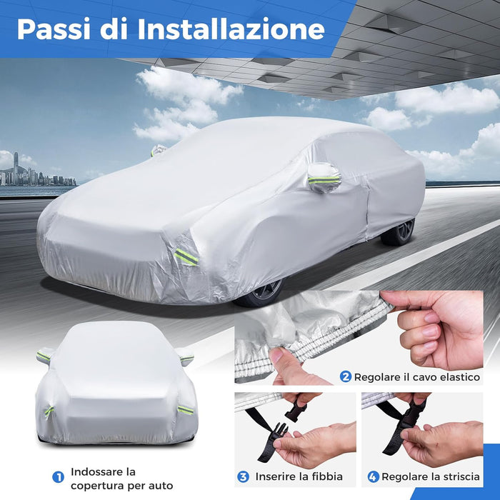 Copertura Auto con Porta a Zip, Serratura, Copertura per Auto con Strisce Riflettenti, Copertura Universale per Esterni per Auto (431 X 160 X 115cm)