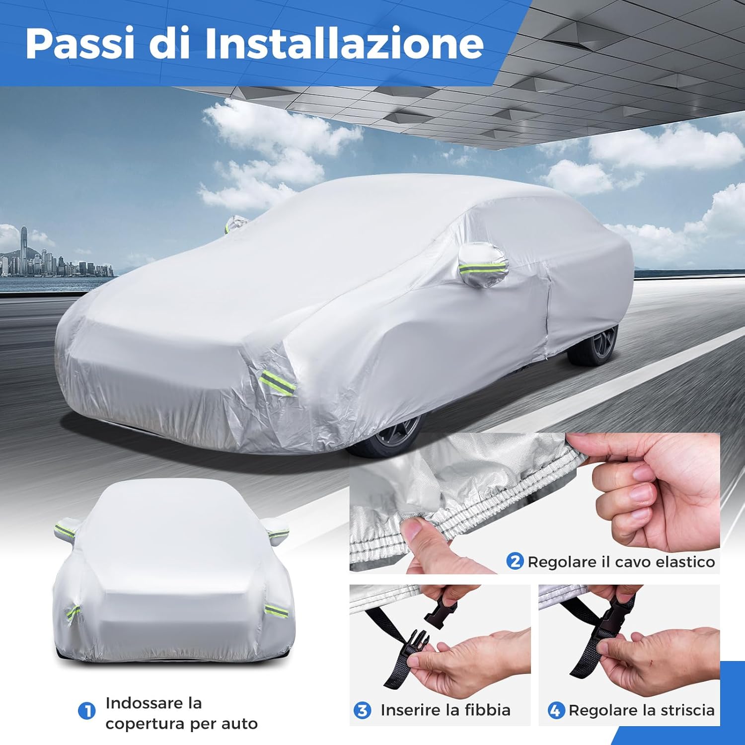 Copertura Auto con Porta a Zip, Serratura, Copertura per Auto con Strisce Riflettenti, Copertura Universale per Esterni per Auto (455 X 165 X 115cm)