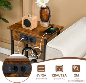 Set di 2 Comodini con Stazione di Ricarica, 2 Tavolini Laterali per Letto e Divano con Ripiano Aperto, Tavolino da Estremità a 2 Livelli con Telaio in Metallo e Porte USB e Prese