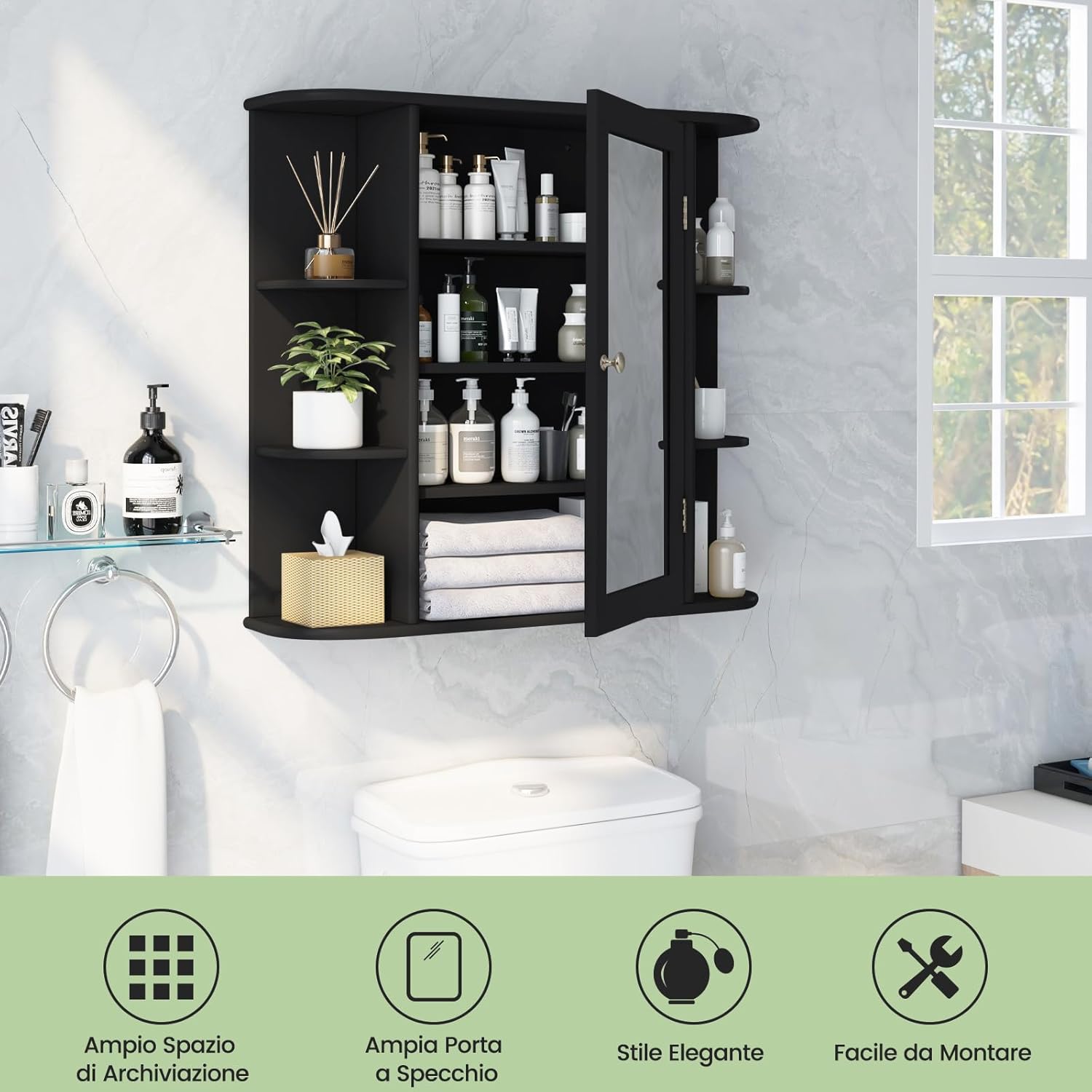 Mobile da Bagno con Specchio 66 x 17 x 63cm, Mobiletto in Legno Appeso con Mensole Regolabili, Armadietto dei Medicinali Multiuso per Bagno Salone Cucina (Nero)