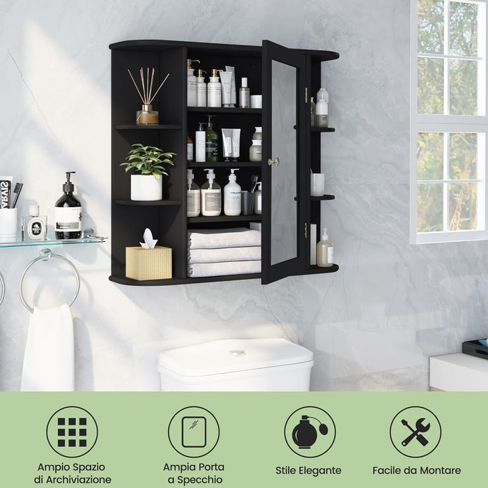 Mobile da Bagno con Specchio 66 x 17 x 63cm, Mobiletto in Legno Appeso con Mensole Regolabili, Armadietto dei Medicinali Multiuso per Bagno Salone Cucina (Nero)