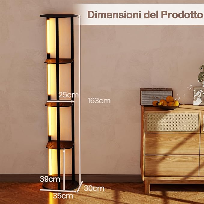 Lampada da Terra Moderna con Mensole, Lampada a Stelo in Legno con 4 Strisce LED Ruotabili, Luminosità Regolabile e Interruttore a Pedale, Scaffale a 4 Ripiani con Luce per Casa