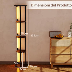 Lampada da Terra Moderna con Mensole, Lampada a Stelo in Legno con 4 Strisce LED Ruotabili, Luminosità Regolabile e Interruttore a Pedale, Scaffale a 4 Ripiani con Luce per Casa
