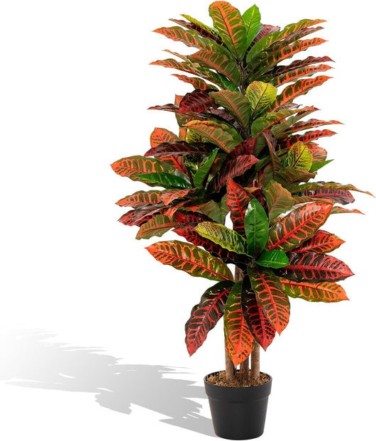 Pianta Artificiale di Croton 100 CM, Albero di Croton Finto con Foglie Variopinte, Tronco Naturale in Legno, Pianta Finta Realistica per Ufficio e Casa