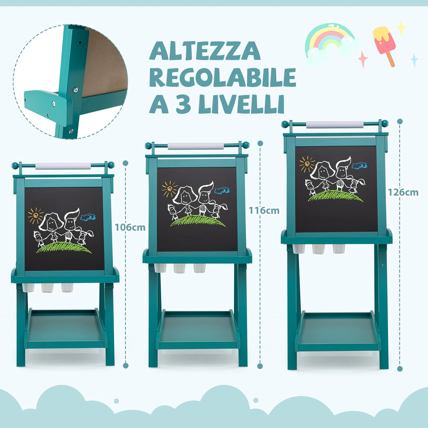 Lavagna per Bambini 3 in 1, Lavagna Magnetica con Lavagna Bifacciale, Rotolo di Carta, Vassoi Portaoggetti e 3 Bicchieri per Pittura, Cavalletto in Legno per Bambini 3+ Anni (Verde)