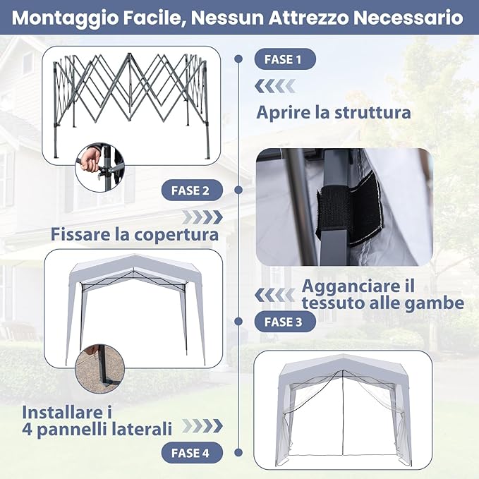 Gazebo Pop-up da Esterno 302 x 302 cm, Gazebo Pieghevole con 4 Pareti Laterali, Rete a Maglia, Borsa con Ruote, 8 Picchetti e 4 Corde Antivento, Tendone Impermeabile per Spiaggia e Cortile