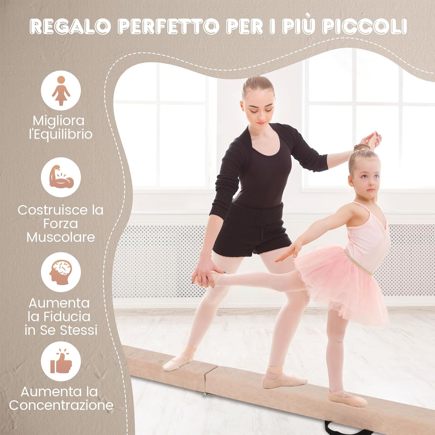 Trave Ginnastica Artistica per Casa 210/240 cm, Trave Pieghevole per Bambini con Maniglia, Base in Legno e Fondo Antiscivolo, Trave di Equilibrio da Pavimento