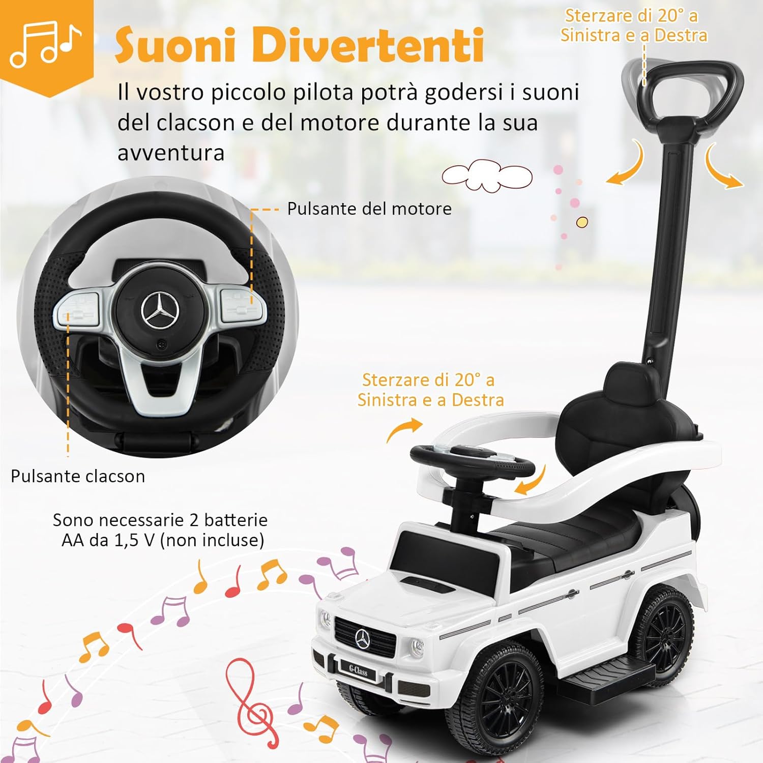 Auto a Spinta per Bambini, Macchina Cavalcabile a Spinta con Tettuccio Regolabile Maniglia per Genitori Paracolpi, Ideale per Bambini 12-36 Mesi (Bianco)