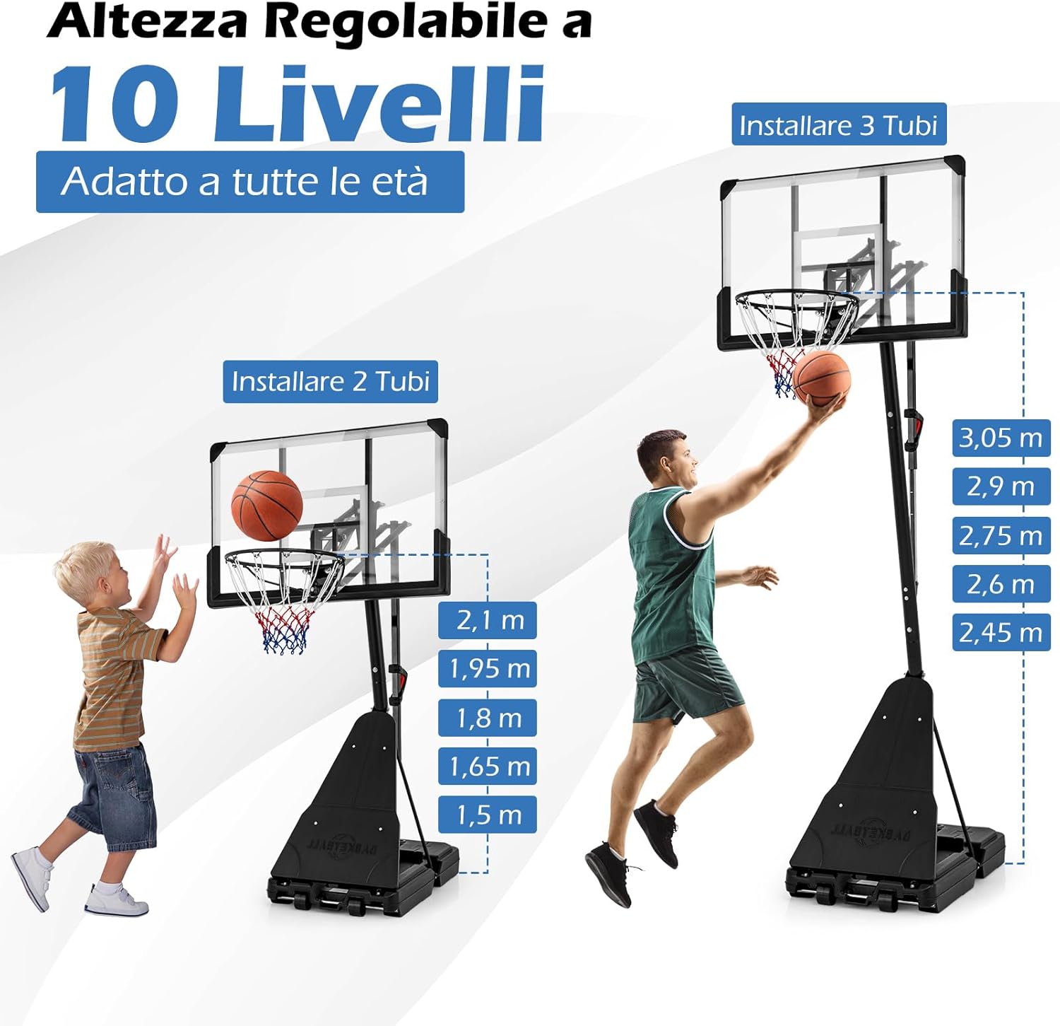 Canestro da Basket Regolabile 150-365 cm in Altezza per Bambini ed Adulti, Canestro con Piantana con Ruote, Canestro con Asta e Base Riempibile per Interno ed Esterno