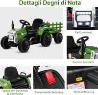Trattore con Rimorchio Cavalcabile per Bambini 12V, Trattore Elettrico Telecomandato, con Luci e Suoni, 30kg, 3+ Anni (Verde Scuro)