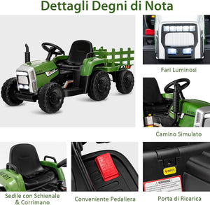 Trattore con Rimorchio Cavalcabile per Bambini 12V, Trattore Elettrico Telecomandato, con Luci e Suoni, 30kg, 3+ Anni (Verde Scuro)