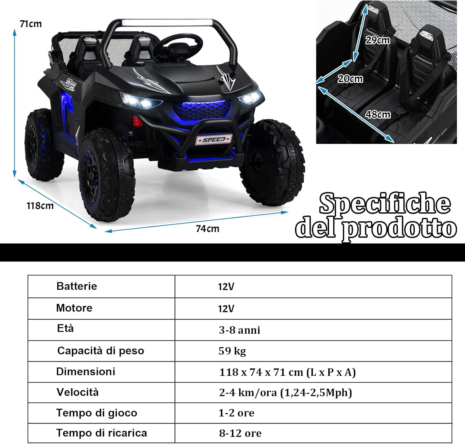12V Auto Elettrico per Bambini, Macchina Fuoristrada a 2 Posti, Macchina Elettrica con Luci Suoni, Regalo per Bambini 3-8 Anni, 118x74x71 cm (Nero)
