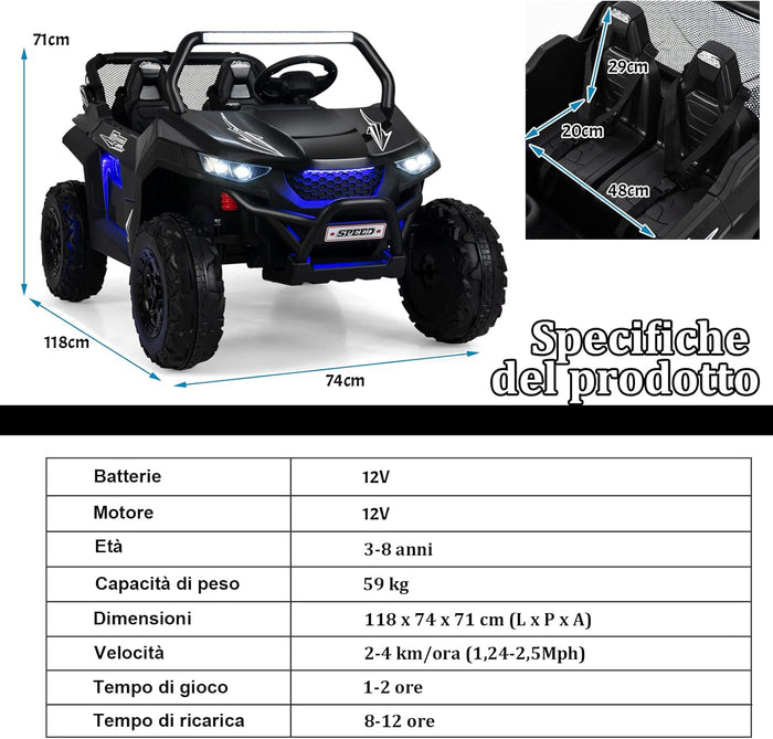 12V Auto Elettrico per Bambini, Macchina Fuoristrada a 2 Posti, Macchina Elettrica con Luci Suoni, Regalo per Bambini 3-8 Anni, 118x74x71 cm (Nero)