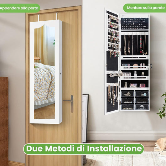 Armadio Portagioielli con Luci LED, Armadio Portagioielli Montato a Muro con Specchio e 6 Cassetti, Organizer Gioielli con Tanto Spazio, 36,5 x 11,5 x 120 cm (Bianco)