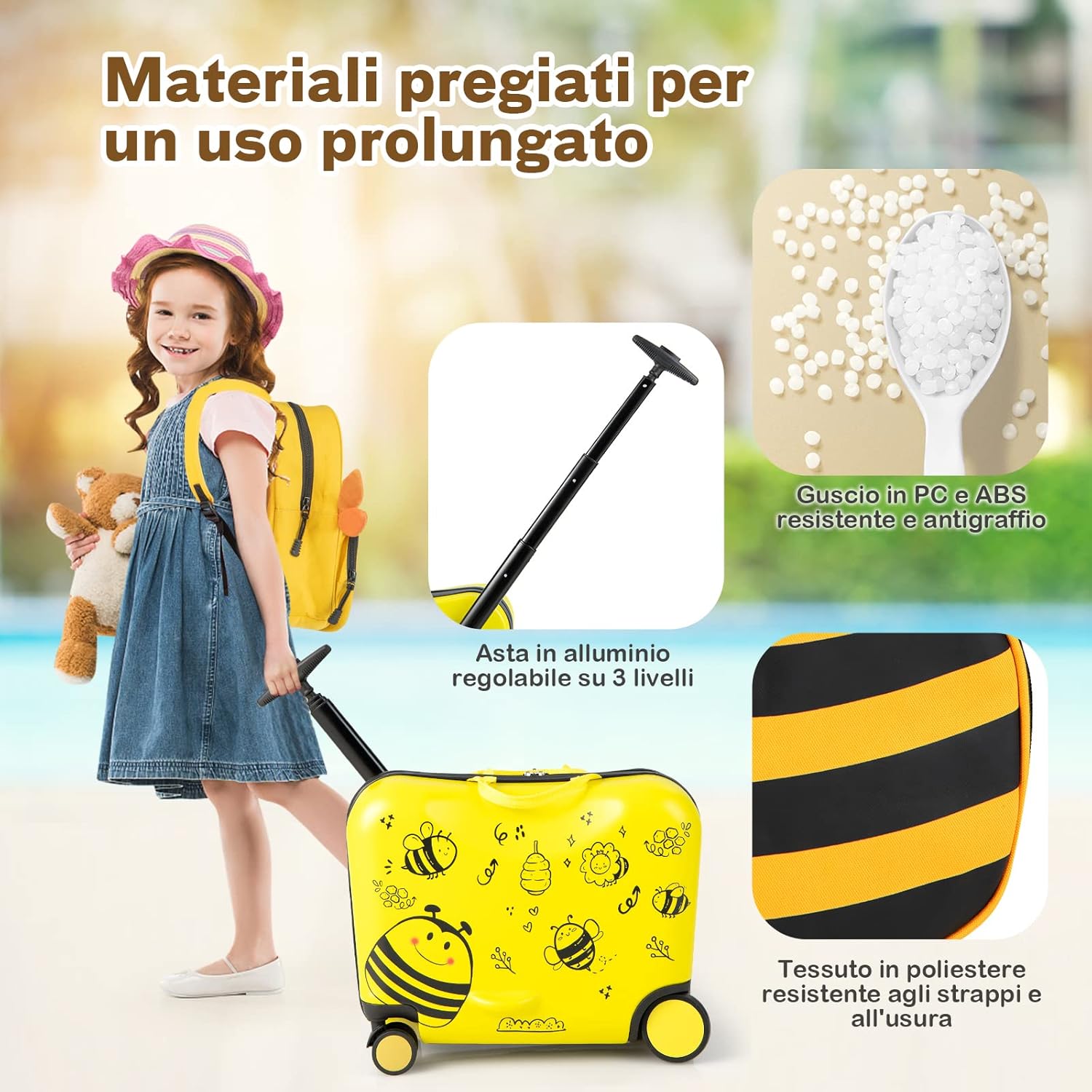 Valigia Cavalcabile per Bambini, 18" Valigia+ 12" Zaino,2 Pezzi, Trolley Bambini Bagaglio a Mano con Ruote Girevoli e Maniglia Retrattile, 2 Cingie Multiuso (Modello 1)
