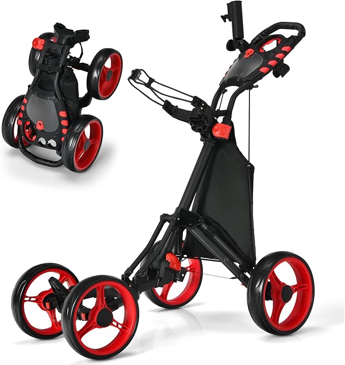 Carrello da Golf a Spinta e a Trazione, Carrello Golf Pieghevole Leggero a 4 Ruote con Borsa Impermeabile, Freno a Pedale, Porta Tazza e Porta Ombrello Regolabile