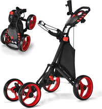 Carrello da Golf a Spinta e a Trazione, Carrello Golf Pieghevole Leggero a 4 Ruote con Borsa Impermeabile, Freno a Pedale, Porta Tazza e Porta Ombrello Regolabile