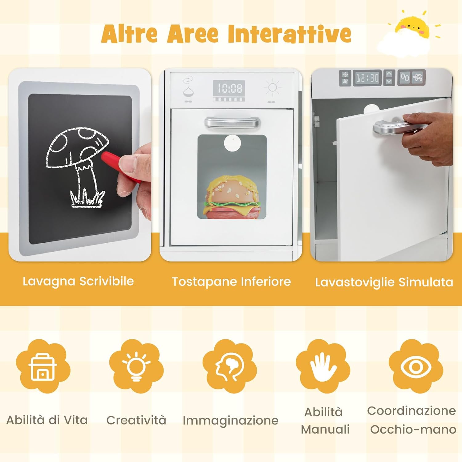 Set di Cucina Giocattolo per Bambini, con Suoni e Luci Divertenti, Lavabo, Forno a Microonde, Macchina del ghiaccio e Lavastoviglie, Lavagna, Ideale per Bambini 3 Anni+ (Bianco)