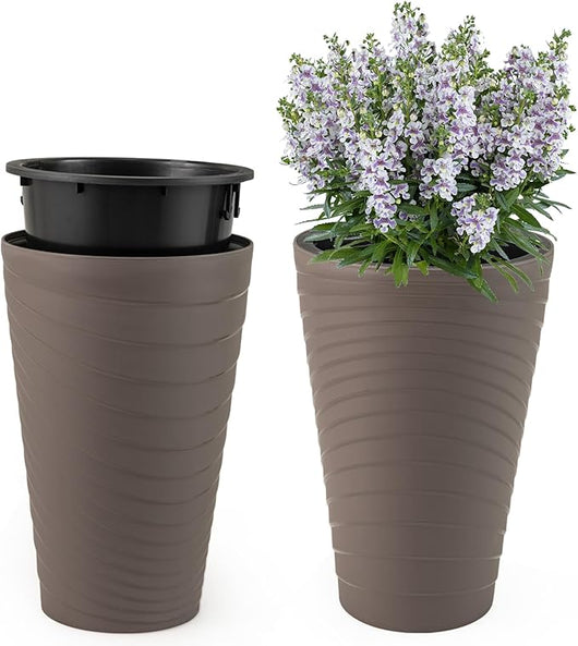 Set di 2 Vasi da Fiori Alti 45 cm, Vasi per Piante da Interno ed Esterno, con Manico, Fori di Drenaggio, Vasi Rotondi a Spirale Testurizzata per Giardino, Patio e Veranda