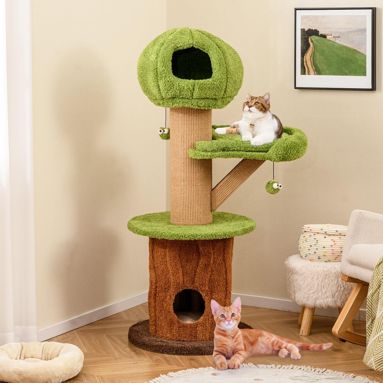 Tiragraffi a Forma di Albero per Gatti 175cm, Albero per Animali Domestici con 2 Casette, Trespolo Peluche, Palline Teaser, Pali in Sisal e Cuscini Rimovibili, Torre Moderno Interno