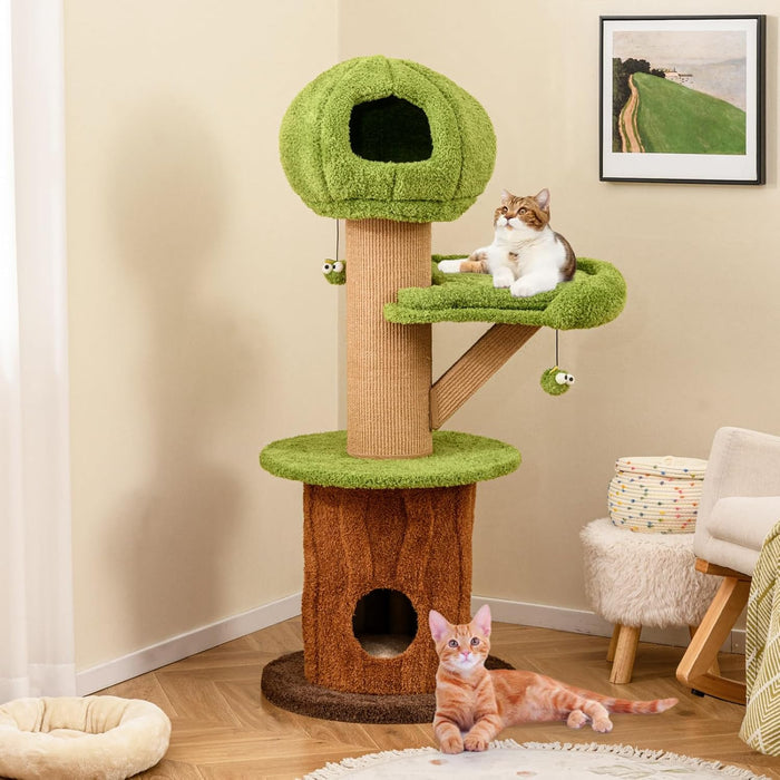 Tiragraffi a Forma di Albero per Gatti 175cm, Albero per Animali Domestici con 2 Casette, Trespolo Peluche, Palline Teaser, Pali in Sisal e Cuscini Rimovibili, Torre Moderno Interno