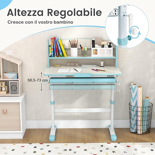 Scrivania per Bambini, Banco Scuola per 3-12 Anni Regolabile in Altezza da 50cm a 73cm con Piano Inclinabile 60°, Scrittoio Cameretta Multifunzionale con Libreria e Cassetto (Blu)