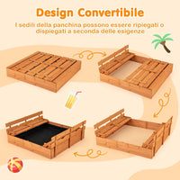 Sabbiera per Bambini in Legno, Sabbiera da Esterno con Coperchio, 2 Panchine con 4 Sedili Larghi e Schienali, Sabbonaia per Giardino, Patio e Cortile, 125 x 118 x 42,5 cm