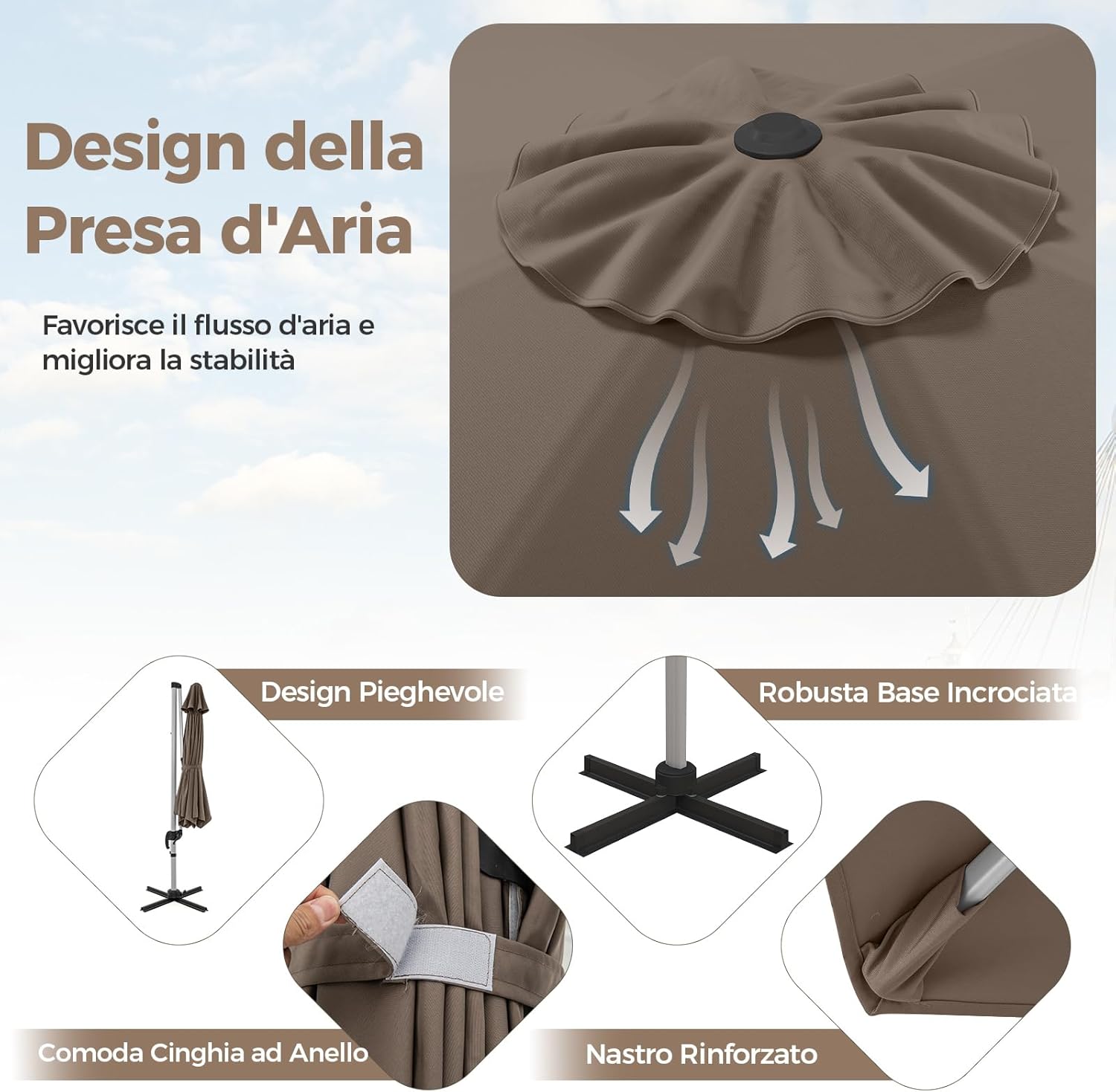 Ombrellone da Giardino 339 cm, Ombrello da Giardino Rotondo con Rotazione a 360°, Ombrellone da Giardino Inclinabile con Base, Ombrello da Sole per Giardino, Patio (Caffè)