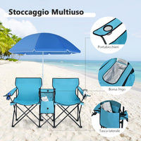 Set di 2 Sedie da Campeggio Pieghevoli, con Ombrellone e Tavolino Contenitore, Resistente e Leggero, Capacità 113 kg (blu)