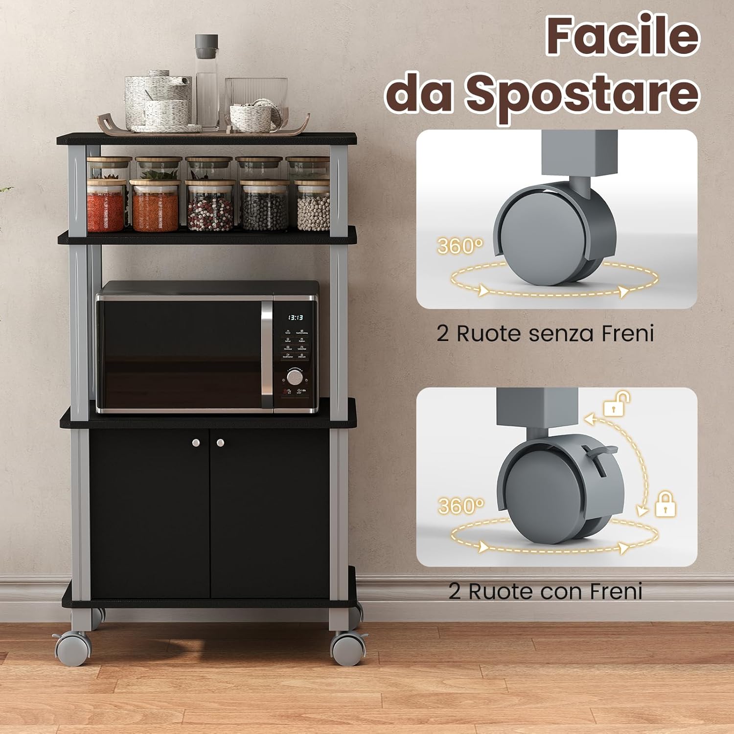 Scaffale da Cucina per Microonde Carrello, con Ruote e 2 Ante, Multifunzionale e Movimento Flessibile, 60x40x98 cm MDF, plastica (Nero)