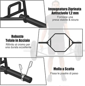Barra della Trappola Olimpica, Barra Esagonale Pieghevole con Manici Zigrinati, Manicotti 25 cm e Molle, Olympic Hex Trap Bar per Sollevamento Pesi e Bodybuilding, Carico 363 kg(Nero)