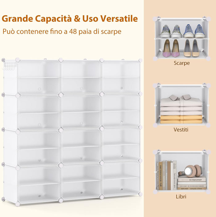Scatole per Scarpe, Set di 12 Organizzatori Porta Scarpe Impilabili, Contenitore per Scarpe in PP Trasparente, per Ingresso, Corridoio e Armadio, Nero (Bianco)