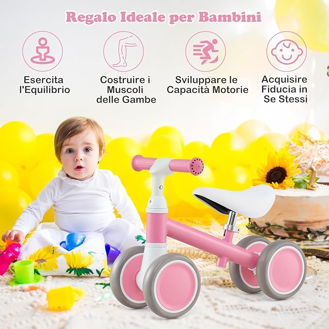 Bicicletta Senza Pedali per Bambini 1-3 Anni, Bicicletta Equilibrio con 4 Ruote, Manubrio e Sella Regolabili in Altezza, Bici per Bambini, Portata 25 kg