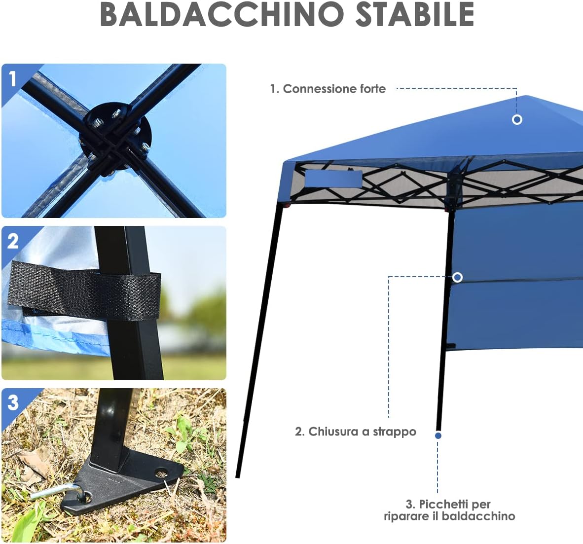 Gazebo Pieghevole da Giardino 210 x 210CM, Struttura in Acciaio, Altezza Regolabile, Gazebo da Esterno con Borsa, Ideale per Feste, Barbecue, Giardino e Spiaggia (blu)