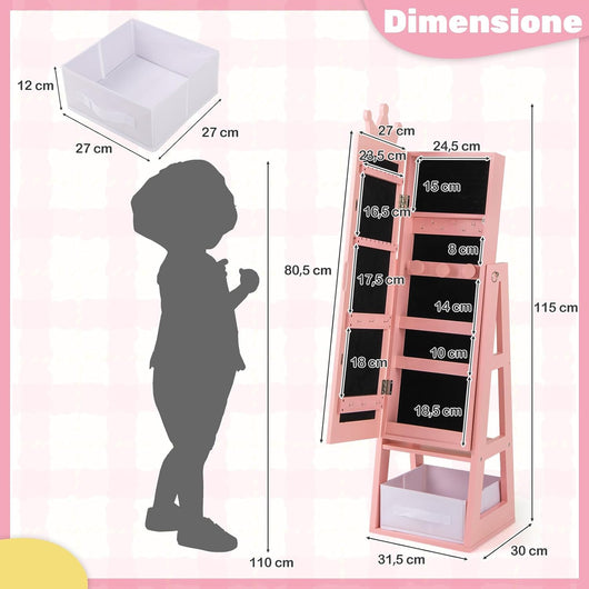 Armadio Portagioie 3 in 1 per Bambini 31,5 x 30 x 115cm, Specchio a Forma di Corona con Ganci, Ripiano e Cassetto in Tessuto, Toeletta per Cameretta (Rosa)