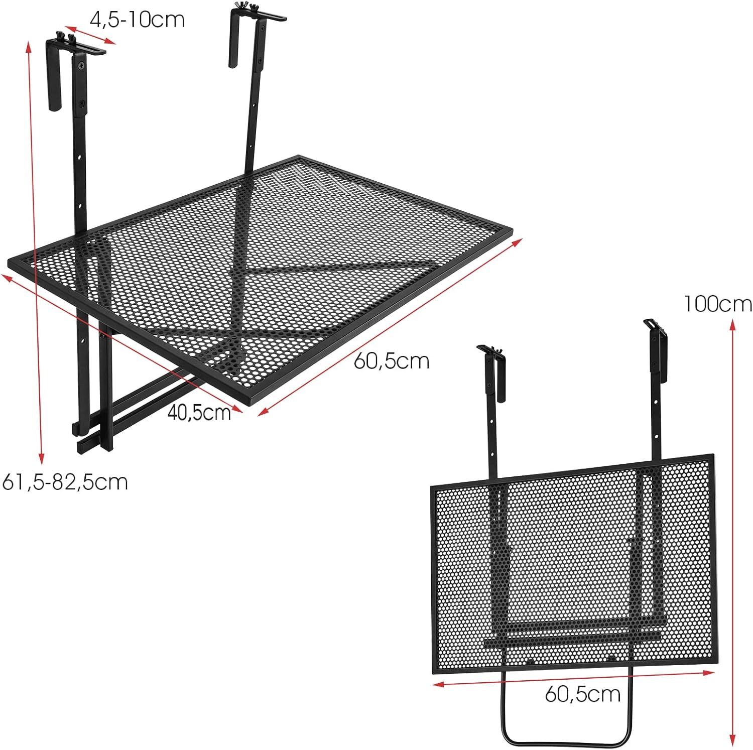 Tavolino Pieghevole da Balcone, Regolabile in Altezza, Tavolo da Appendere a Sospensione di Ferro, Nero, 60,5 x 40,5 x 61,5-82,5 cm