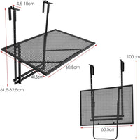 Tavolino Pieghevole da Balcone, Regolabile in Altezza, Tavolo da Appendere a Sospensione di Ferro, Nero, 60,5 x 40,5 x 61,5-82,5 cm