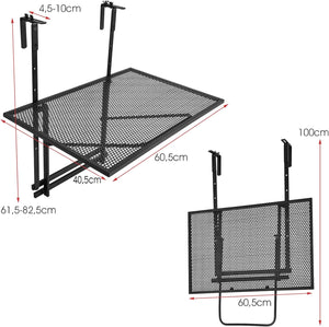 Tavolino Pieghevole da Balcone, Regolabile in Altezza, Tavolo da Appendere a Sospensione di Ferro, Nero, 60,5 x 40,5 x 61,5-82,5 cm