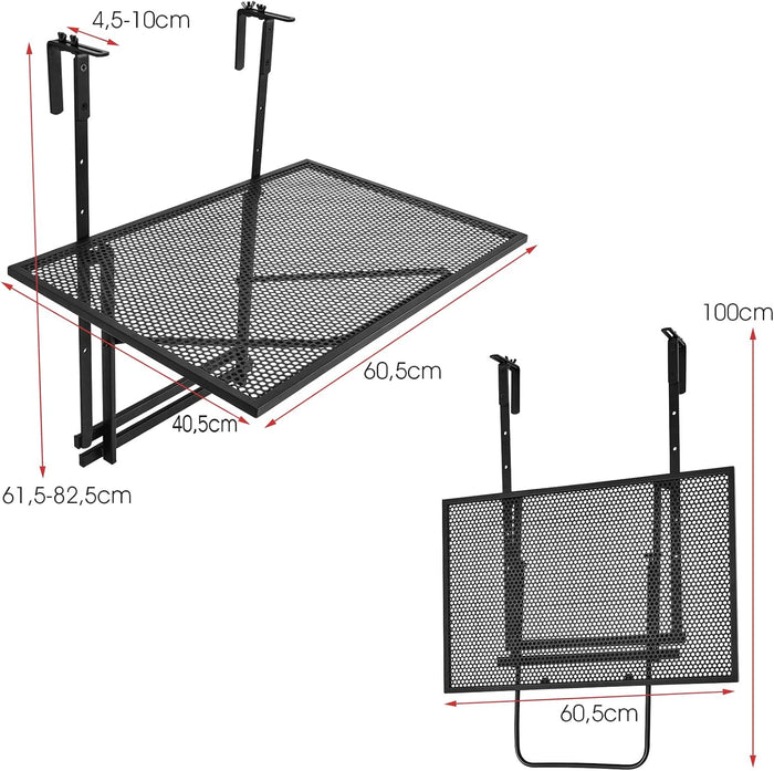 Tavolino Pieghevole da Balcone, Regolabile in Altezza, Tavolo da Appendere a Sospensione di Ferro, Nero, 60,5 x 40,5 x 61,5-82,5 cm