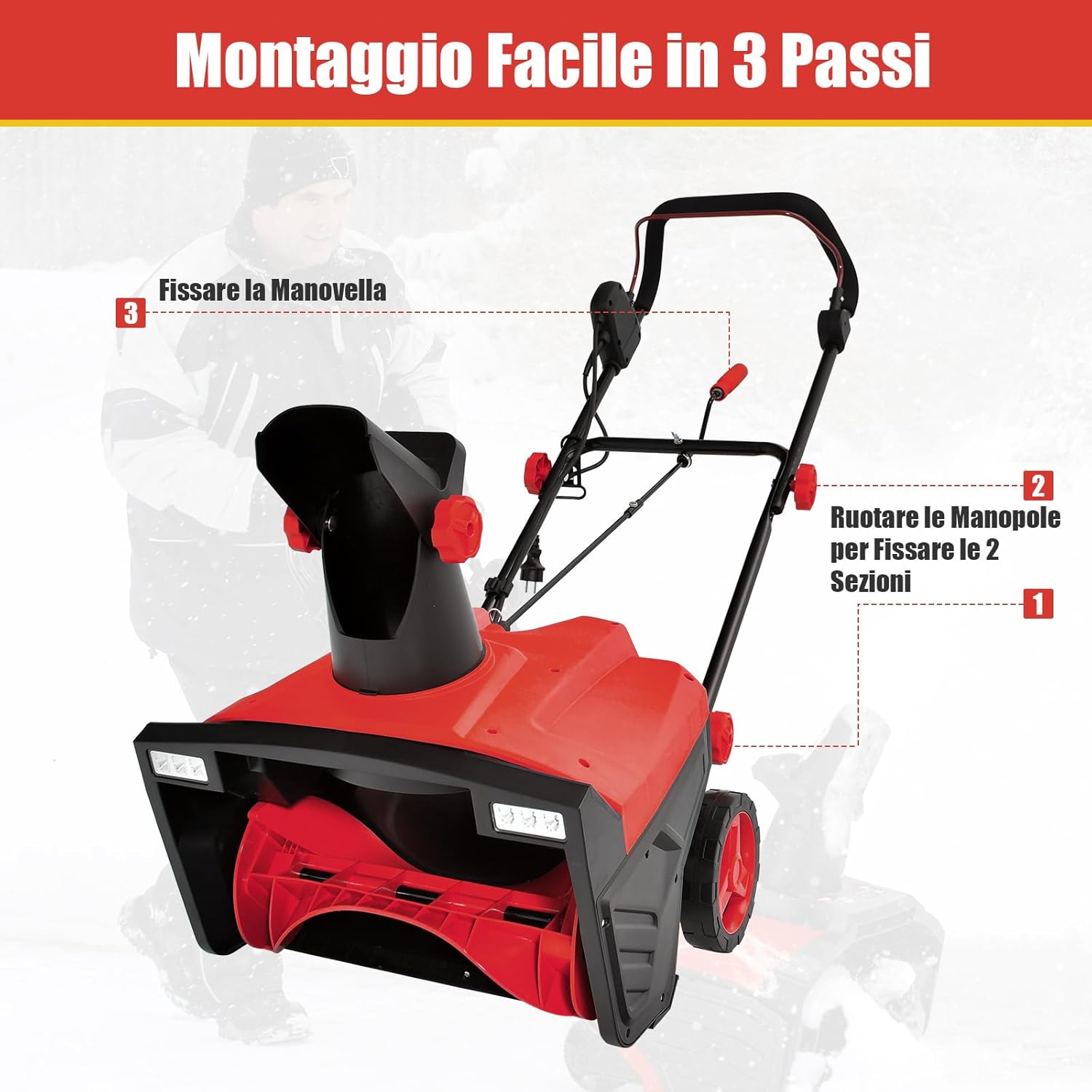 Spazzaneve Elettrico da Terra con Doppie Luci, Fresa da Neve con Scivolo Rotante a 180°, Distanza di Lancio 9 m, Macchina Sgombraneve per Giardino, Blu (Rosso)