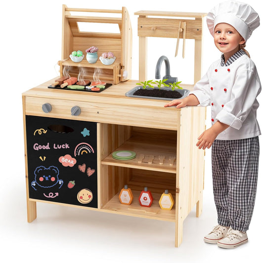 Cucina Giocattolo per Giardino Set di Griglia per Barbecue, Cucina per Bambini in Legno di Abete con Lavagna e Lavello, Set Cucina con 25 Accessori BBQ, 69 x 40 x 90 cm, per Bambini 3+ Anni